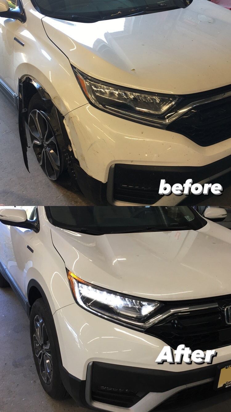 Before and after of a white Honda CRV's front, with the wheel-well and fender damage repaired.