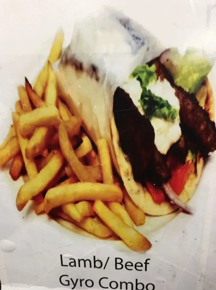 A lamb / beef gyro combo with French fries on a plate.