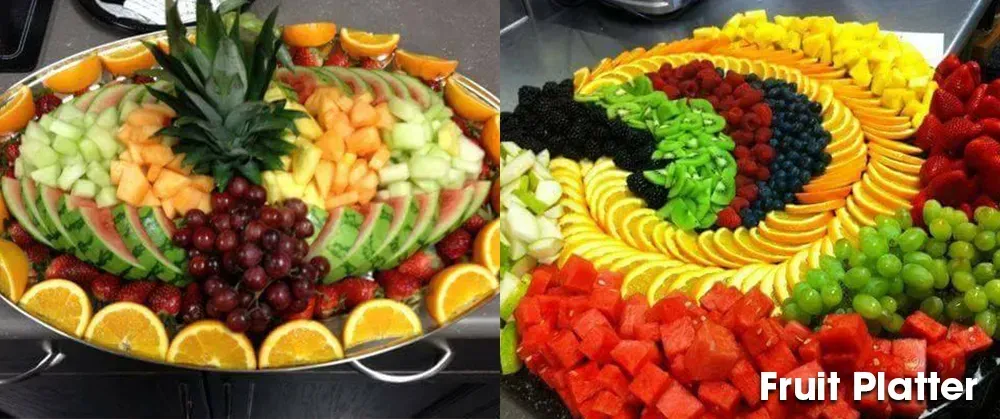 A fruit platter with a variety of fruits and vegetables on it.