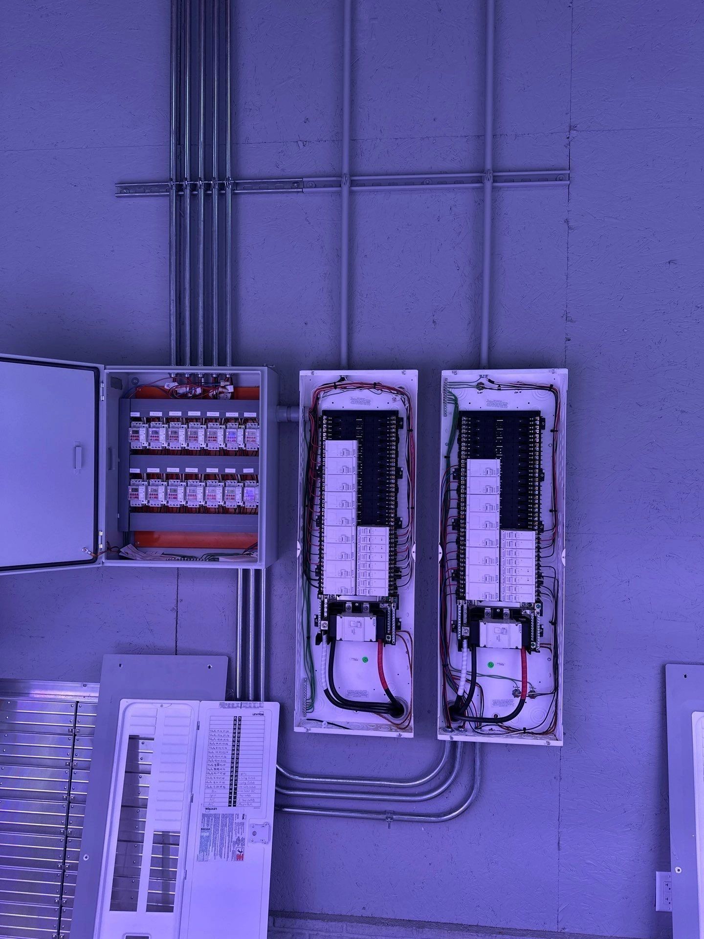 Electrical panel installation with exposed circuits and conduits against a gray wall.