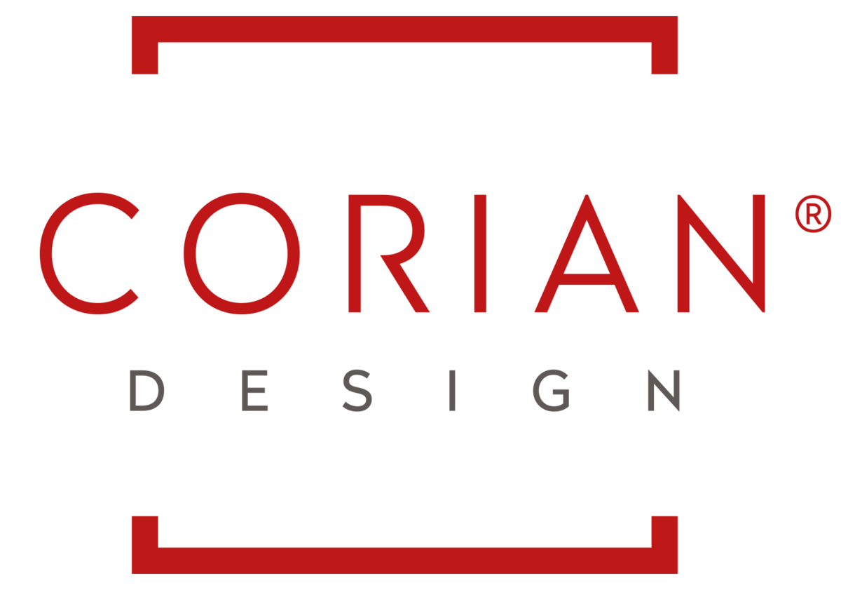 A red and white logo for corian design on a white background.