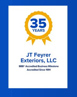JT Feyrer Exteriors, LLC logo with 35-year badge and BBB Accredited Business text