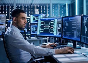 A man is sitting at a desk in front of three computer monitors.