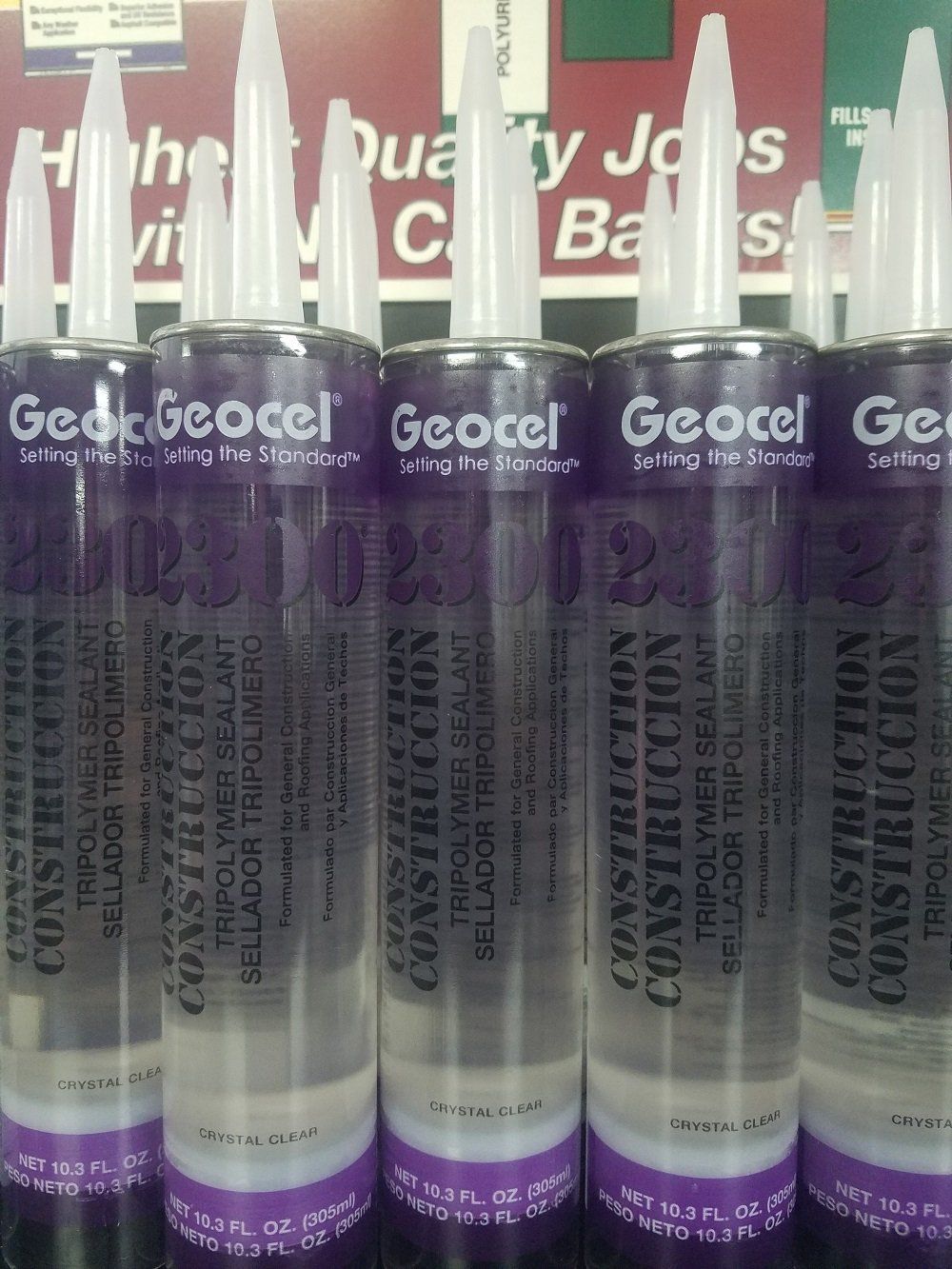 Close-up of several tubes of Geocel Construction Tripolymer Sealant.