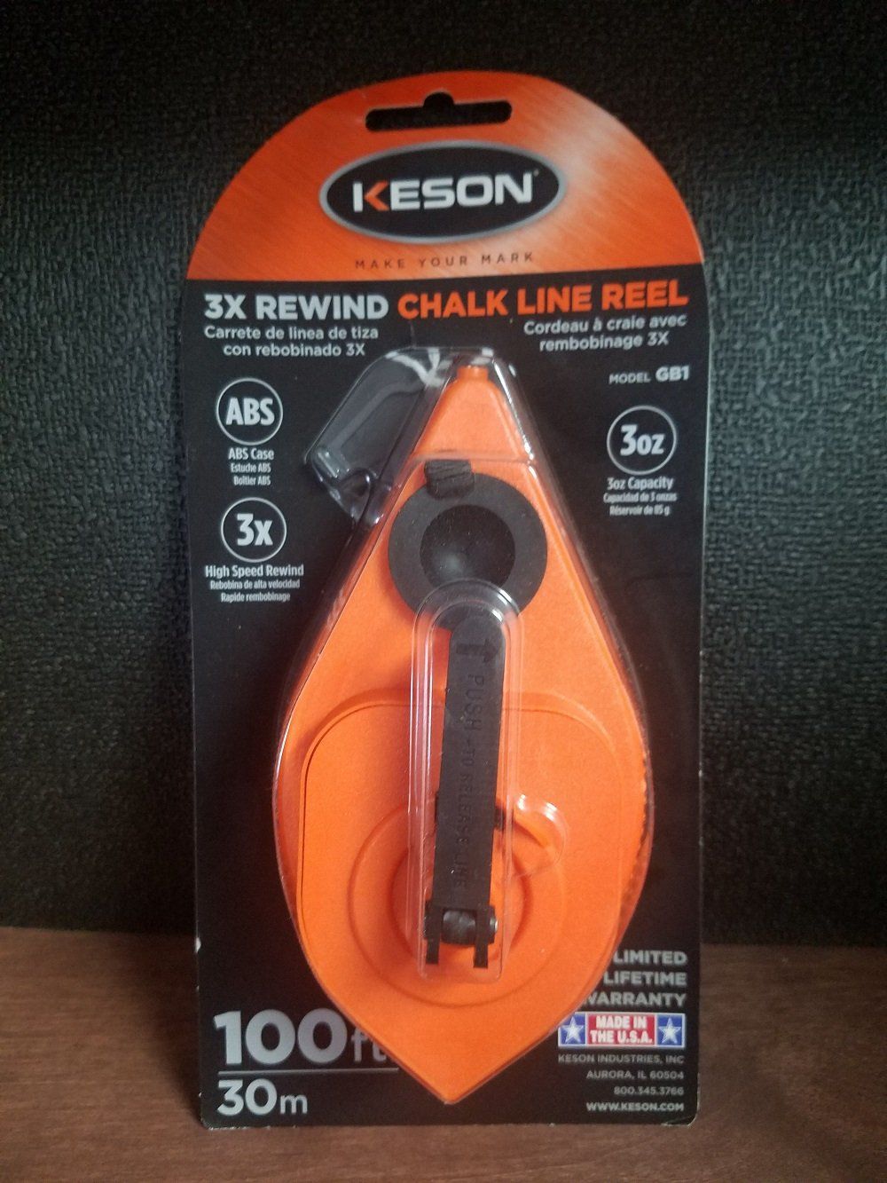 Keson 3X Rewind Chalk Line Reel in packaging. Orange and black. 100ft/30m capacity.