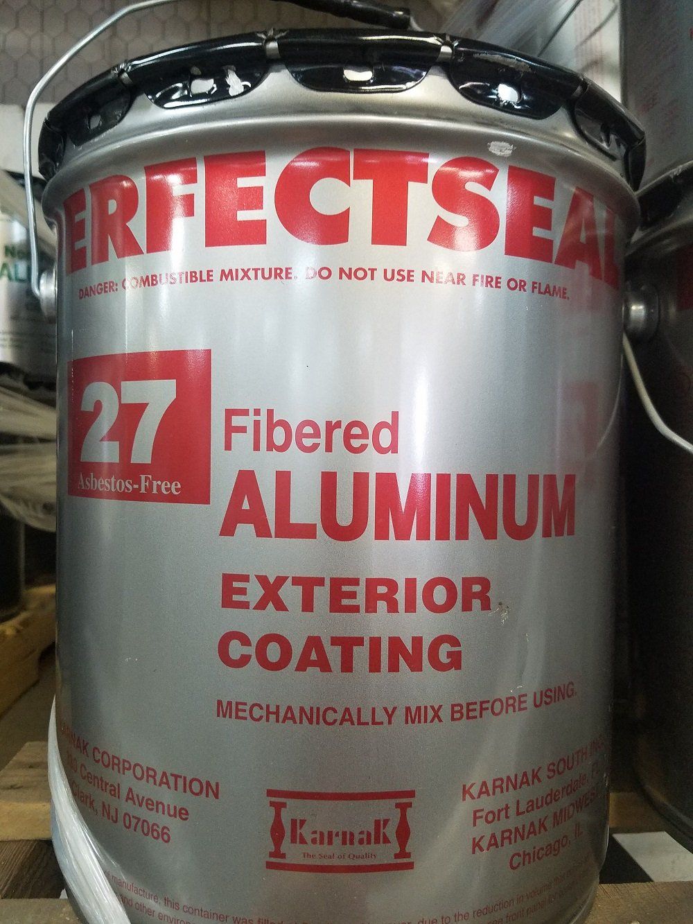 Silver can of PerfectSeal 27 fibered aluminum exterior coating.