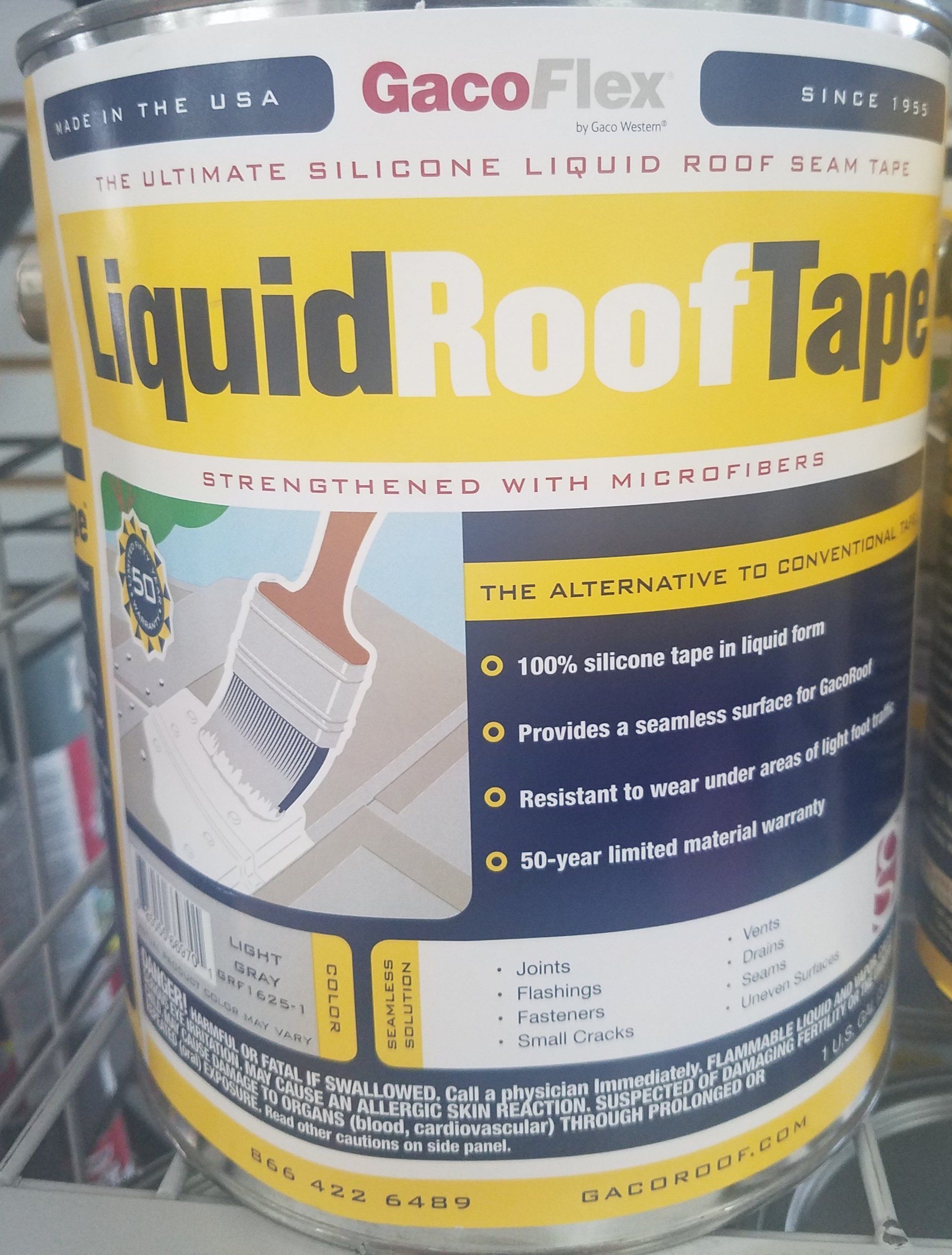 Can of GacoFlex Liquid Roof Tape with a brush applying the white liquid.