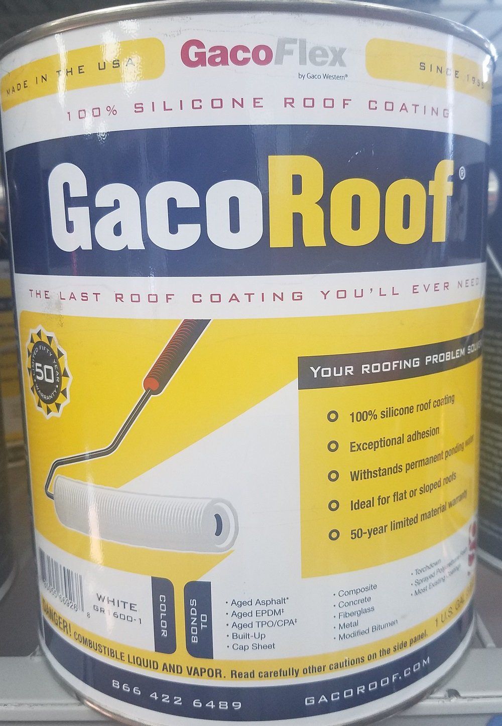 GacoRoof can of 100% silicone roof coating with a yellow and blue label, featuring a paint roller graphic.