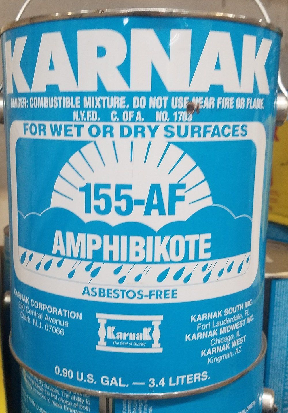 Can of blue KARNAK 155-AF Amphibikote, asbestos-free for wet or dry surfaces.