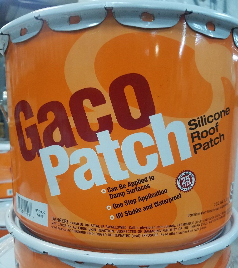 Orange Gaco Patch silicone roof patch can. Text reads