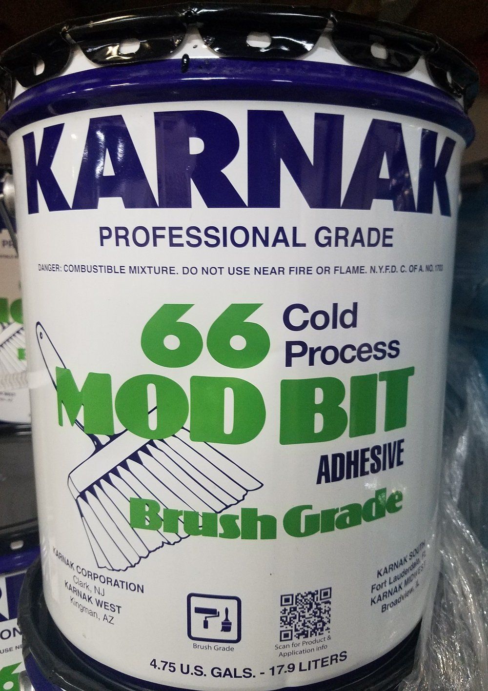 White bucket of Karnak 66 Mod Bit adhesive, labeled as professional grade, brush grade.