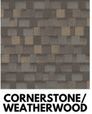 Cornerstone/Weatherwood asphalt roof shingles in shades of brown and gray.