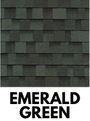 Emerald green asphalt roof shingles, textured, with a varied dark green hue.