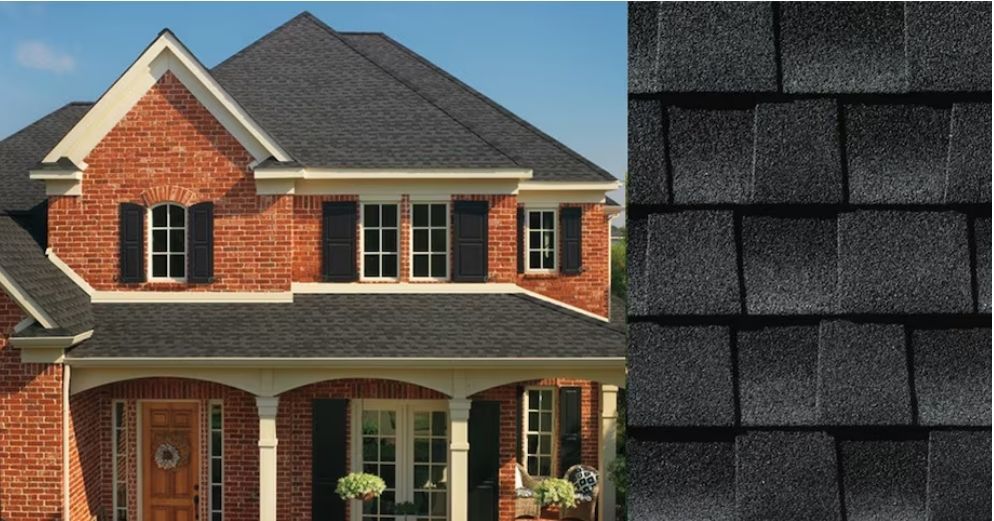 Brick house with black shingle roof, white trim, and black shutters.