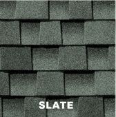 Gray slate-colored asphalt shingles, layered in a repeating pattern, for a roof.