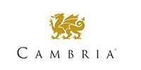 Cambria logo with gold heraldic lion above black serif text on white background