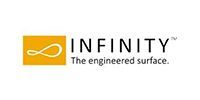 INFINITY logo with orange icon and black text on white background, tagline “The engineered surface.”