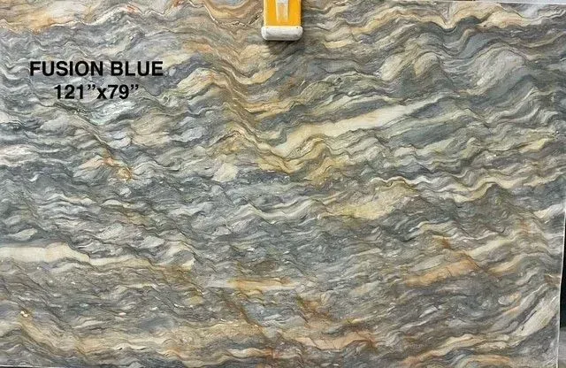 Labeled stone slab with gray, blue, and tan veining, marked “FUSION BLUE 121