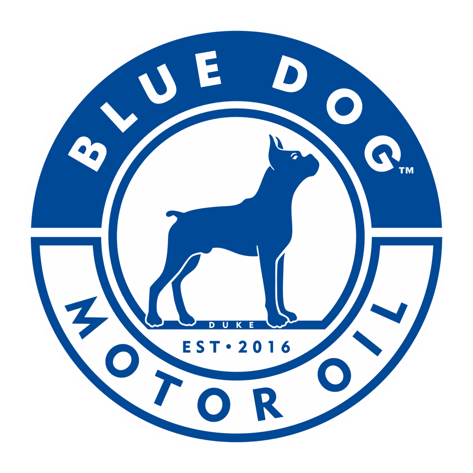 A blue dog motor oil logo with a dog in the center