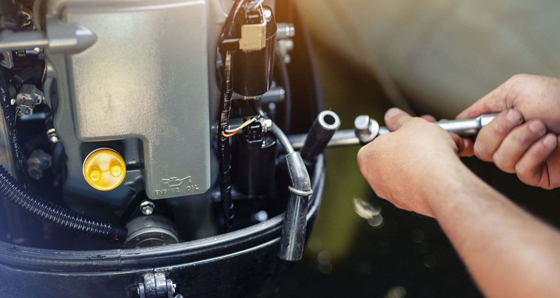 Closeup view of an outboard motor