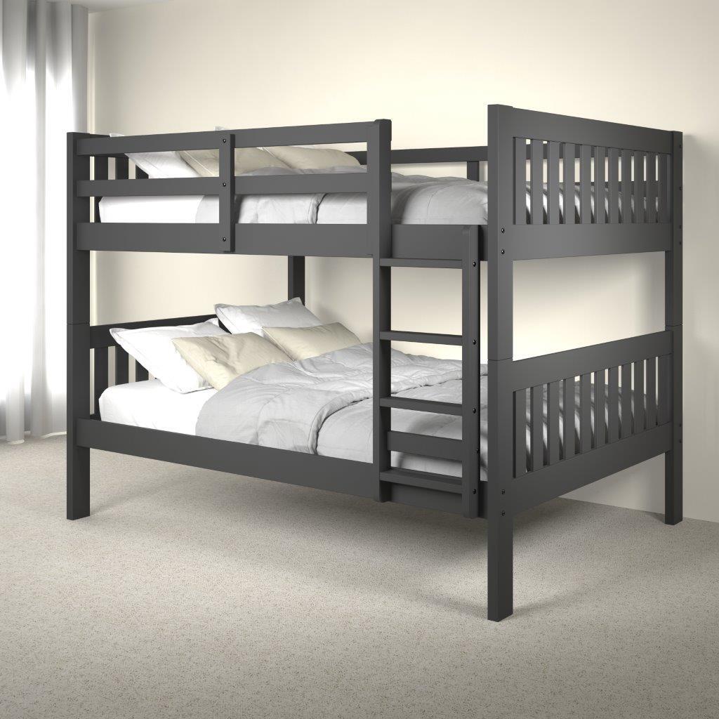 A gray bunk bed with white sheets and pillows in a bedroom.