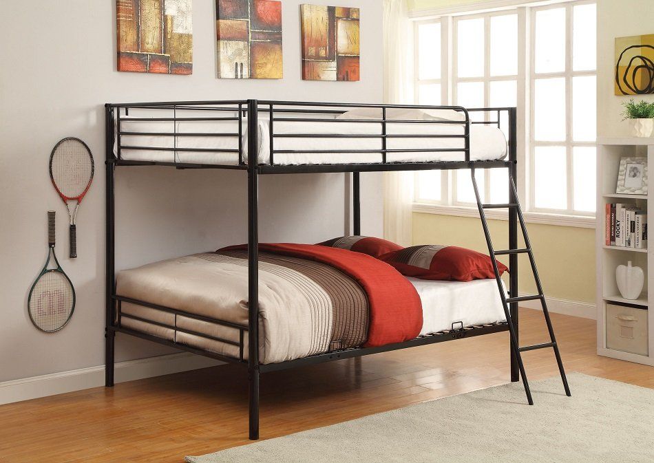A black bunk bed with a ladder in a bedroom.