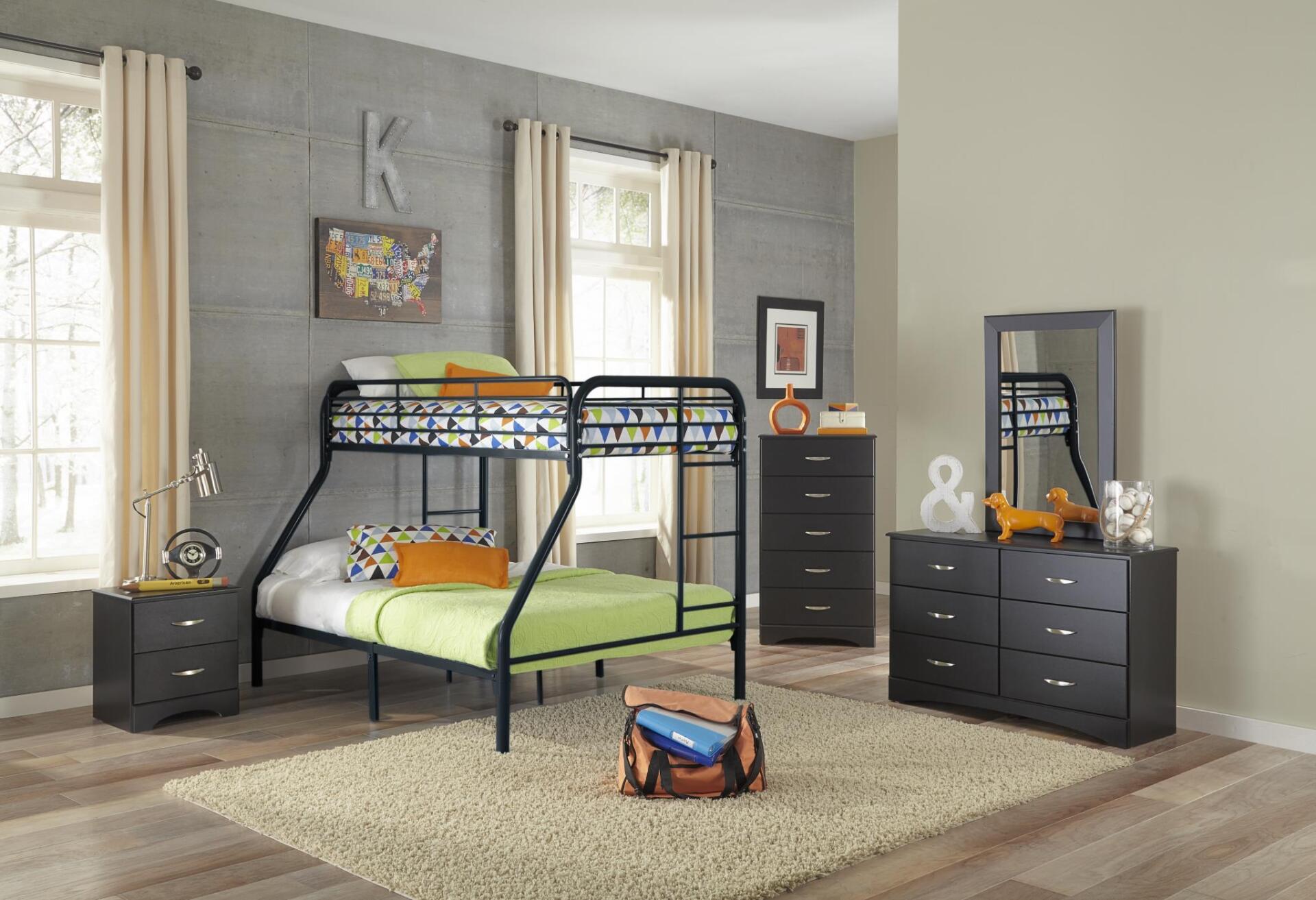 A bedroom with a bunk bed , dresser , nightstand and mirror.