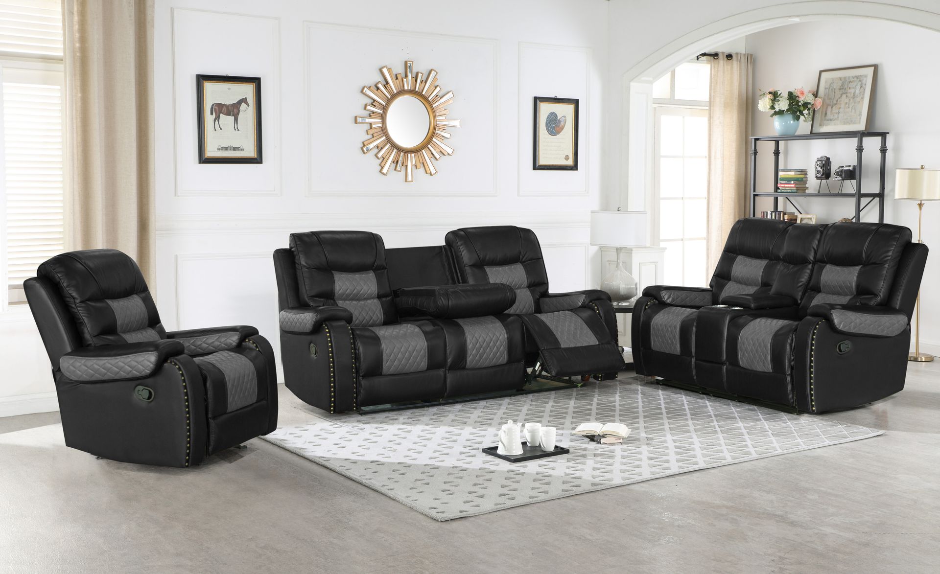 A living room with a couch , two chairs , and a rug.