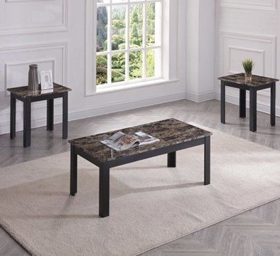 A living room with a coffee table and two end tables.