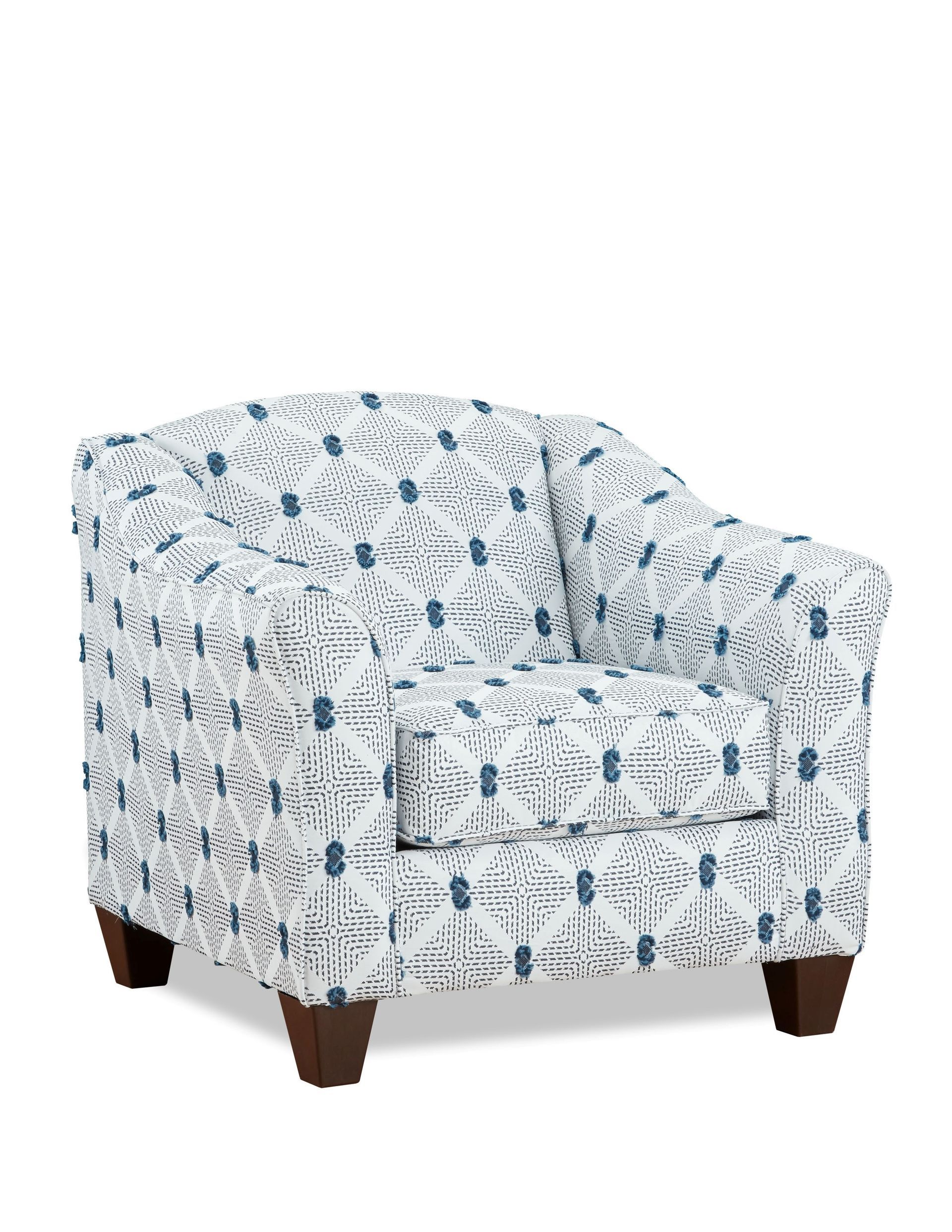 A white chair with a blue pattern on it is on a white background.
