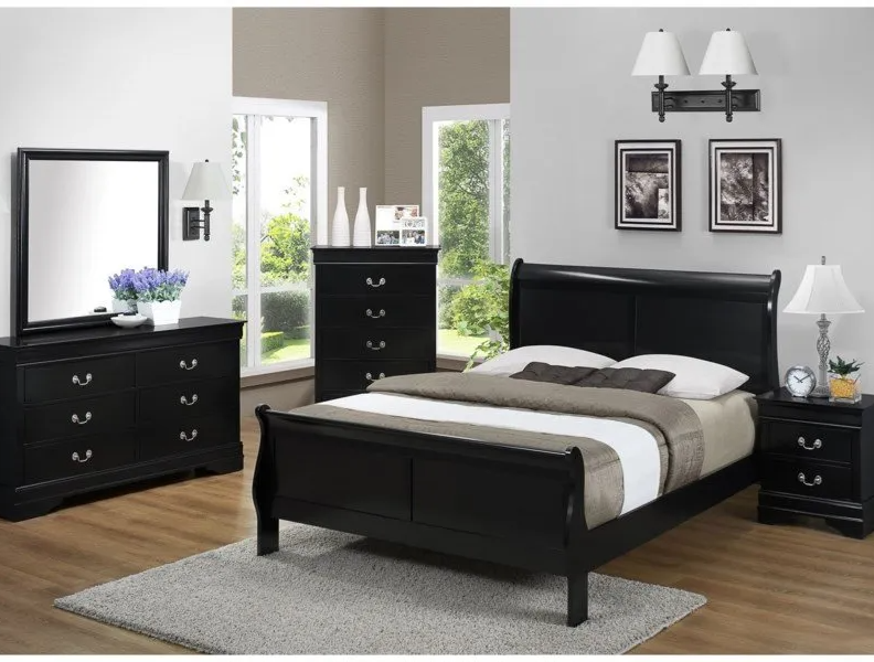 A bedroom with a bed dresser and mirror