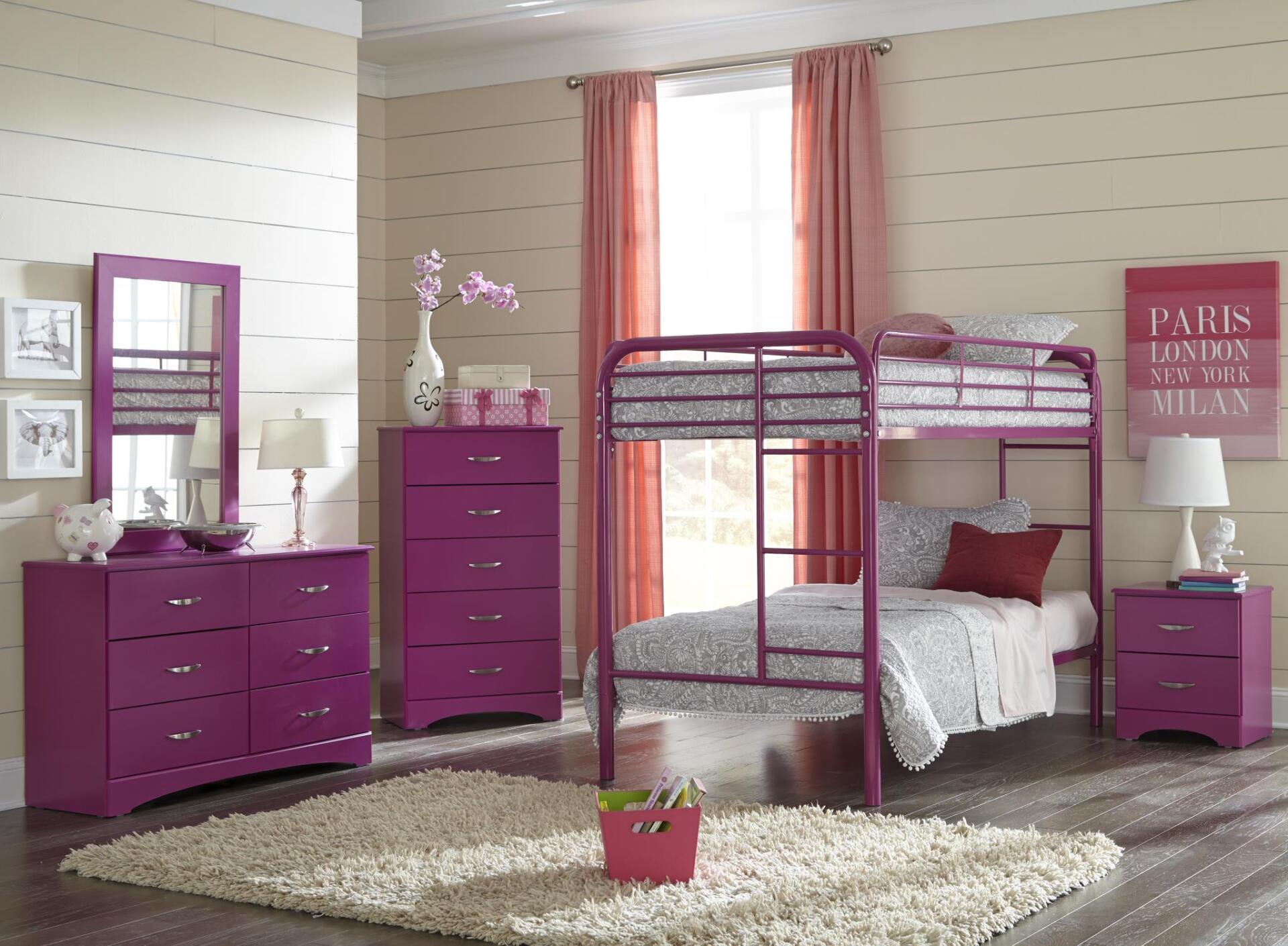 A bedroom with purple furniture and a sign that says paris