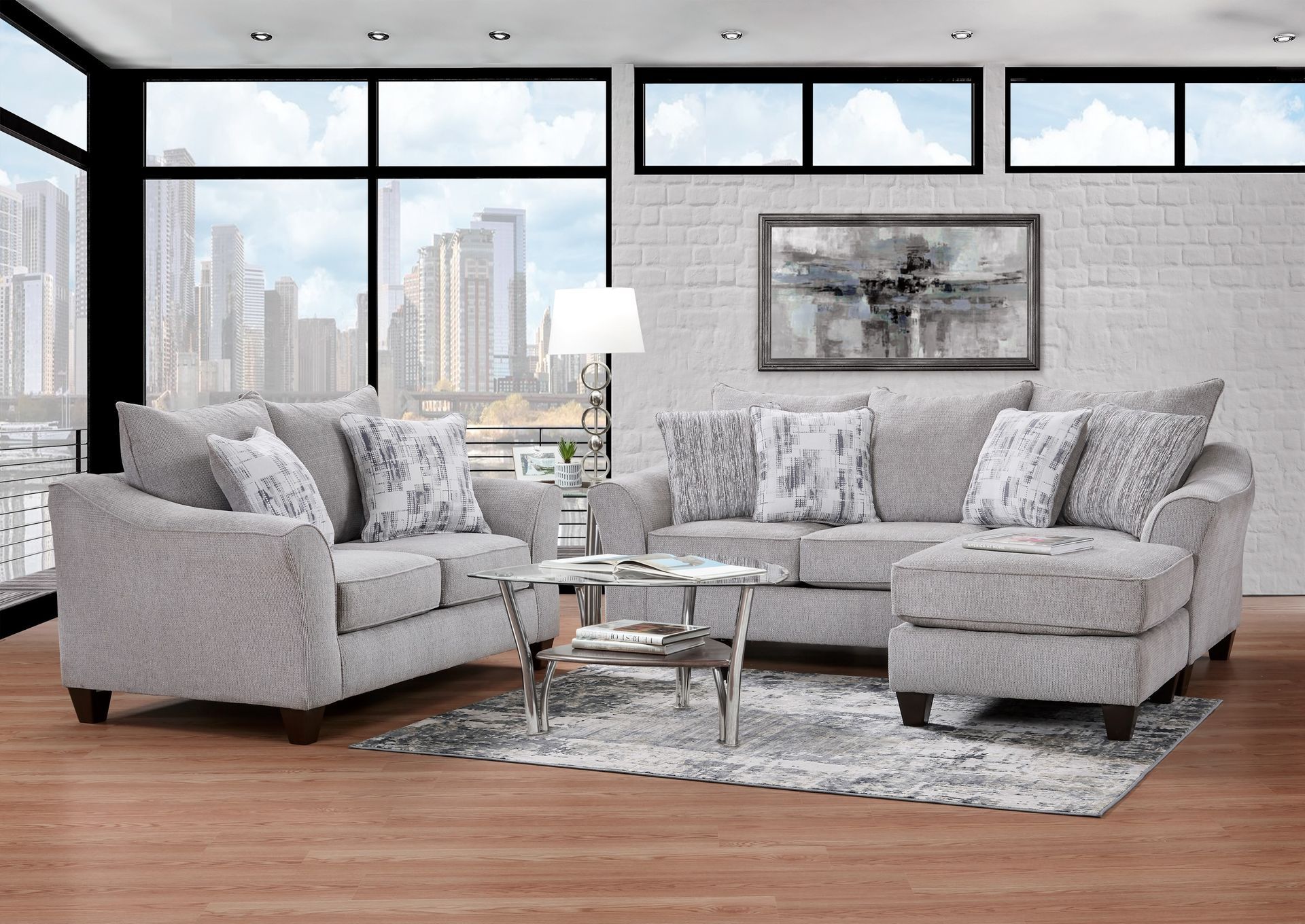 A living room filled with furniture and a large window.