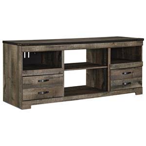 A wooden entertainment center with drawers and shelves on a white background.