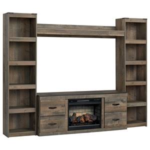 A wooden entertainment center with a fireplace and shelves.
