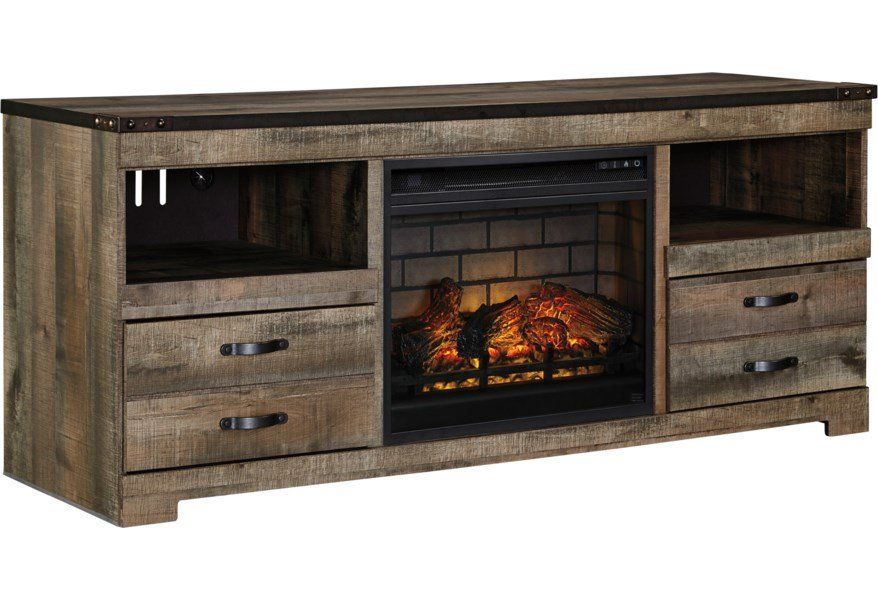 A wooden entertainment center with a fireplace in the middle.