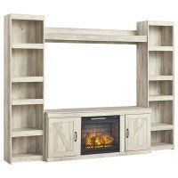 A white entertainment center with a fireplace and shelves.
