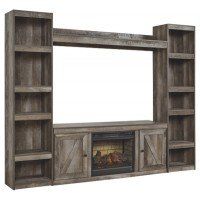 A wooden entertainment center with a fireplace and shelves.