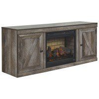 A wooden entertainment center with a fireplace inside of it.