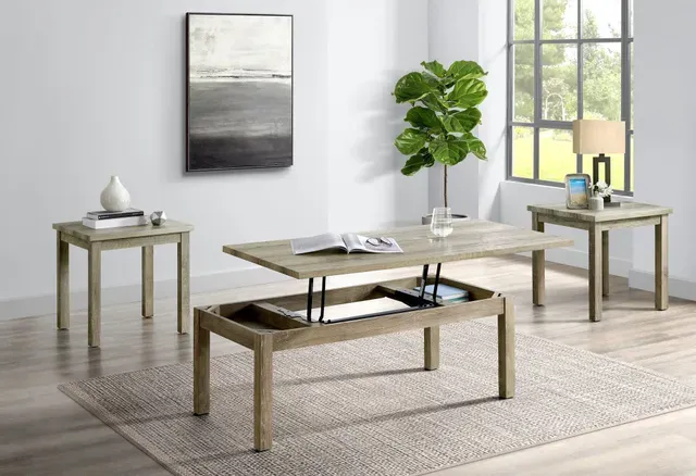 A living room with a coffee table and two end tables