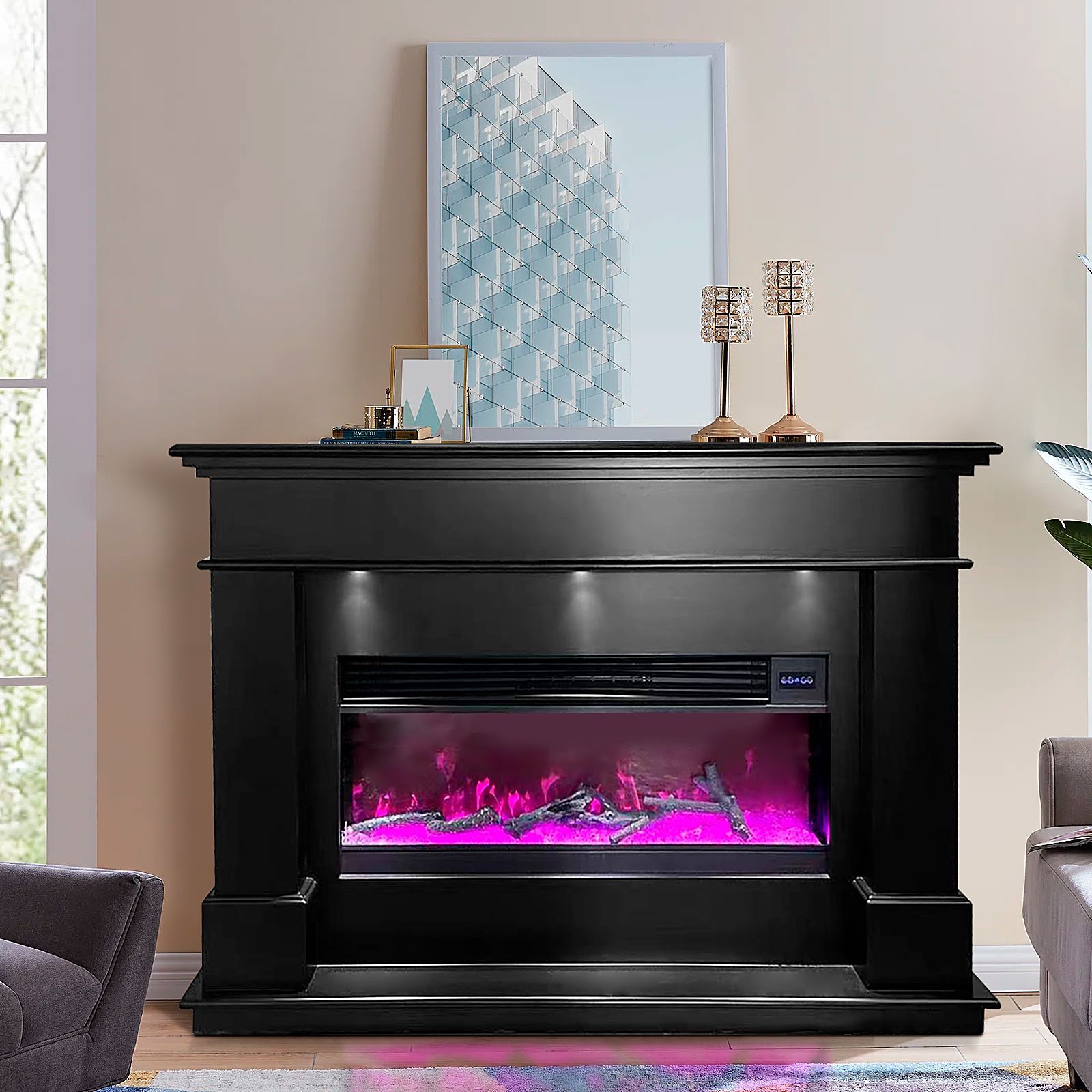 A living room with a fireplace and a picture on the wall