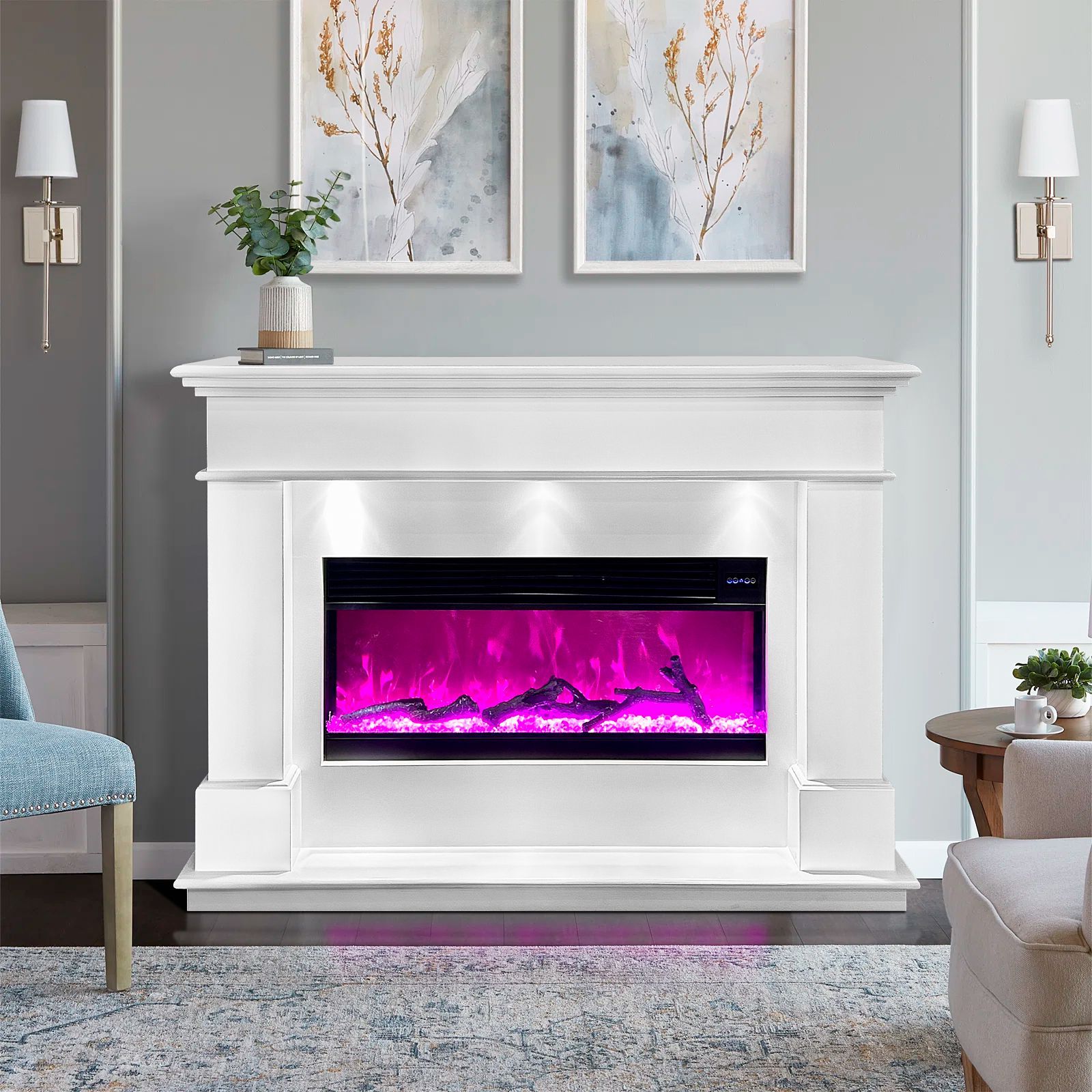 A living room with a fireplace and a chair.