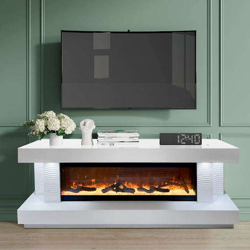 A living room with a fireplace and a flat screen tv.