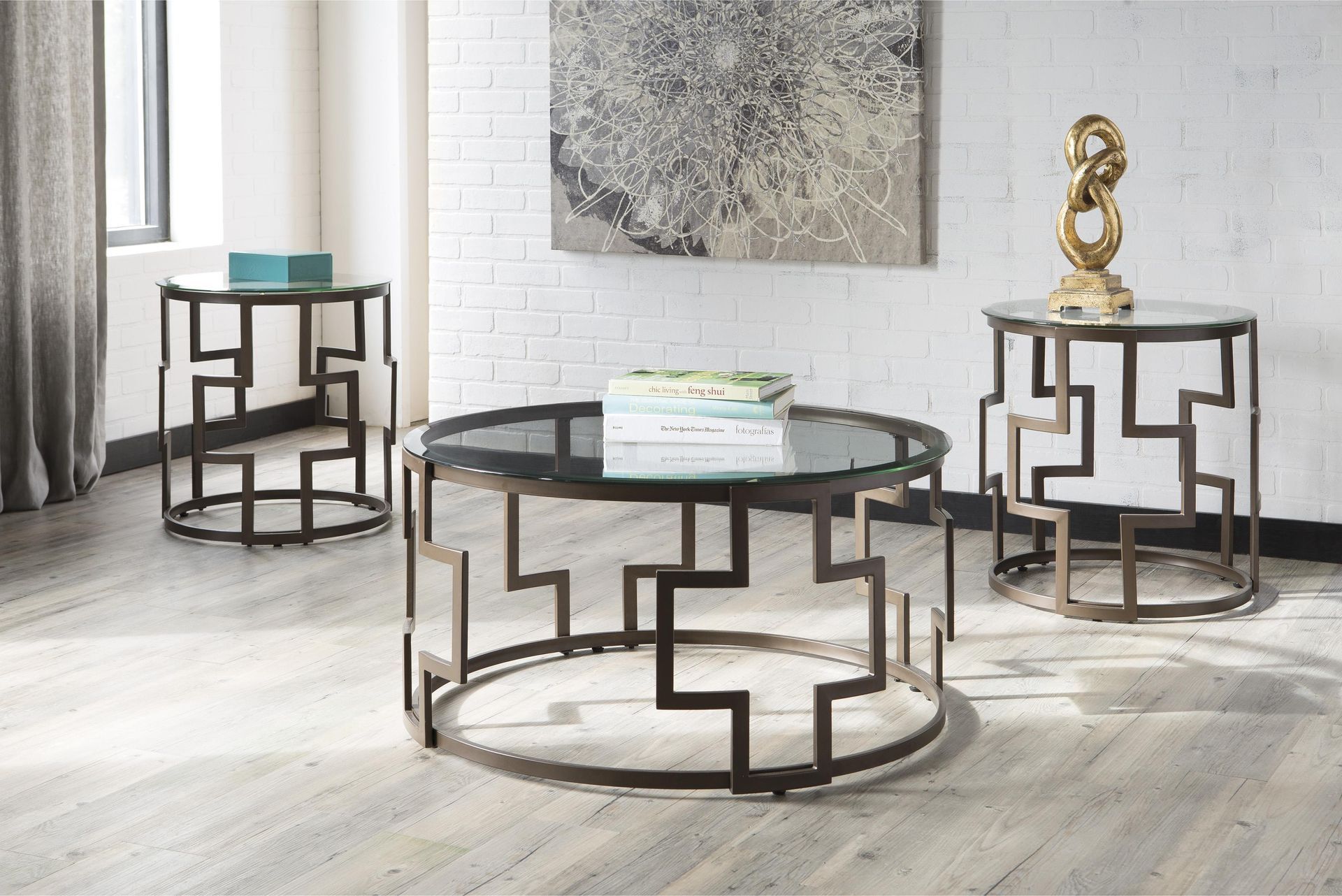 A living room with three coffee tables and two end tables.