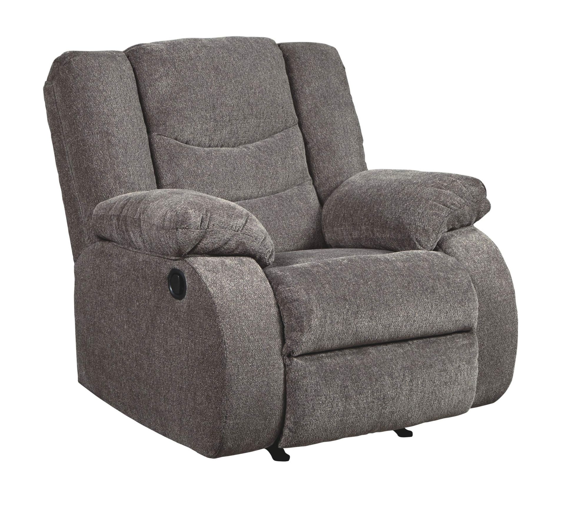 A grey recliner on a white background.