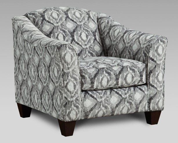 A grey and white chair with a pattern on it