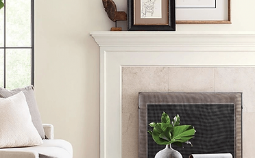 Fireplace with cream-colored walls, artwork, and a decorative owl. A vase with greenery sits below.