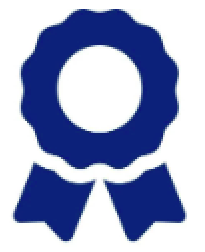 A blue ribbon with a white circle in the middle on a white background