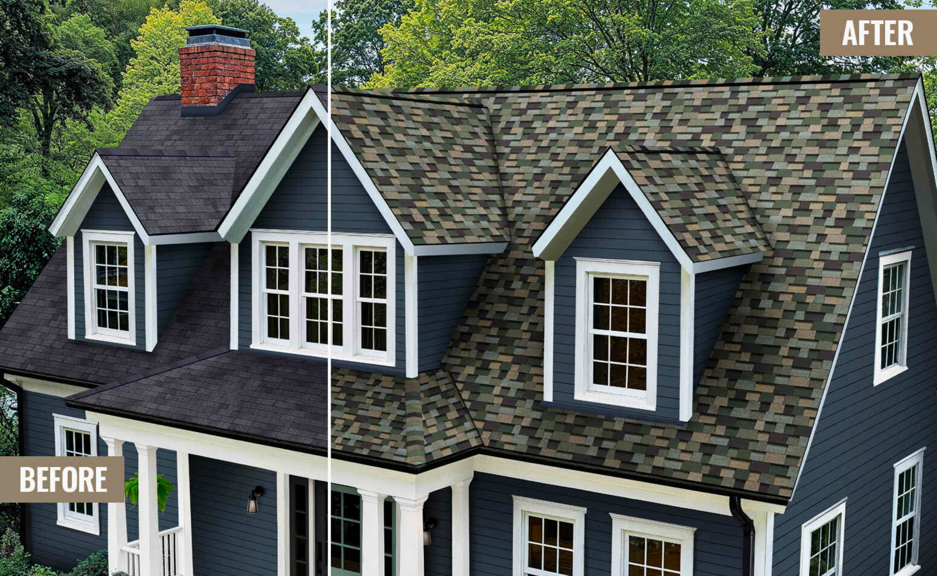 Split image shows a house with a dark gray roof (before) and a patterned green/brown roof (after).