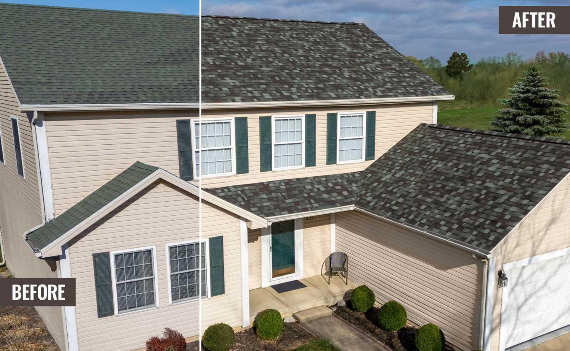 Side-by-side comparison of a house before and after a roof replacement. The “after” has new gray shingles.